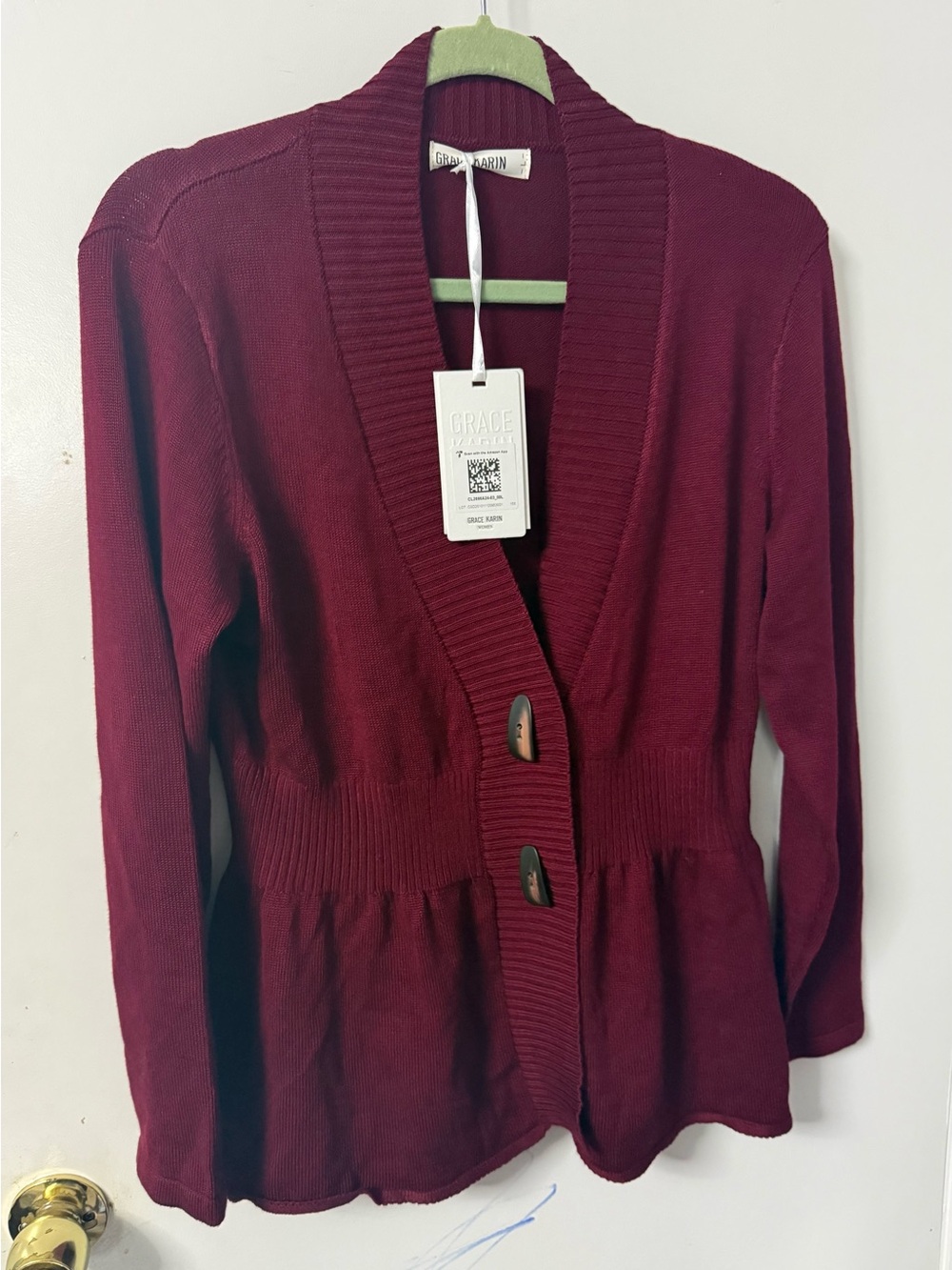 Grace Karin Women's Burgundy Shawl-Collar Peplum Cardigan